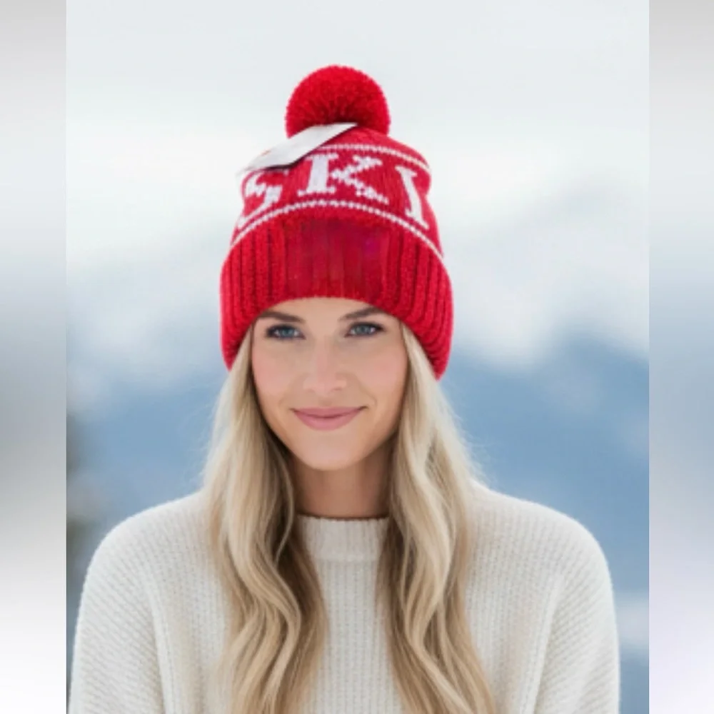 NWT Aspen Ski Red Knit Beanie Pom Pom “SKI” Fair Isle Winter Hat